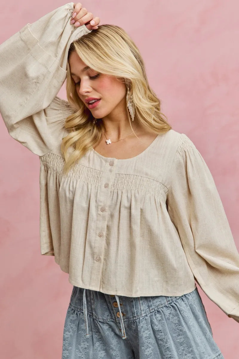 SO ME Linen Blend Woven Long Sleeve With Smocking Top - CREAM / S