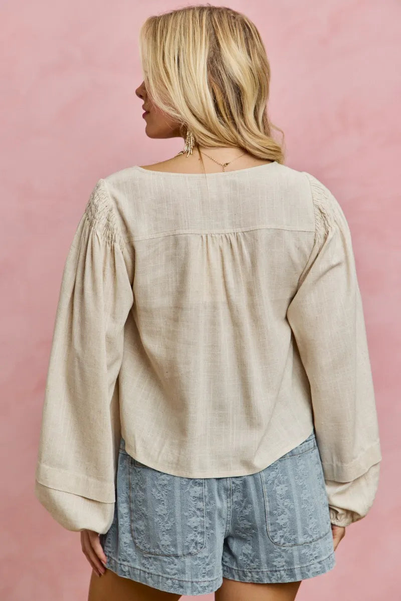 SO ME Linen Blend Woven Long Sleeve With Smocking Top - CREAM / S