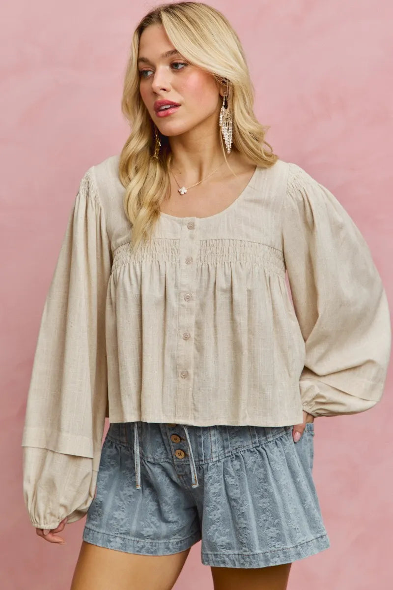 SO ME Linen Blend Woven Long Sleeve With Smocking Top - CREAM / S