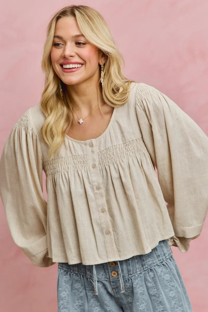 SO ME Linen Blend Woven Long Sleeve With Smocking Top - CREAM / S