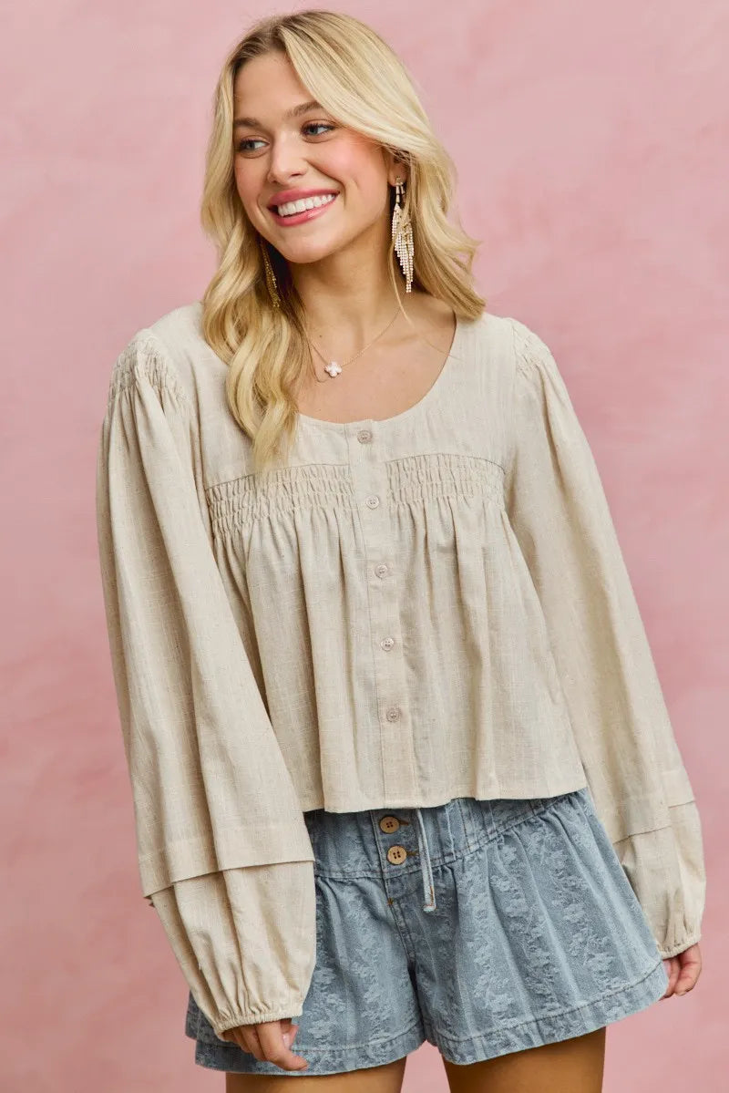 SO ME Linen Blend Woven Long Sleeve With Smocking Top - CREAM / S