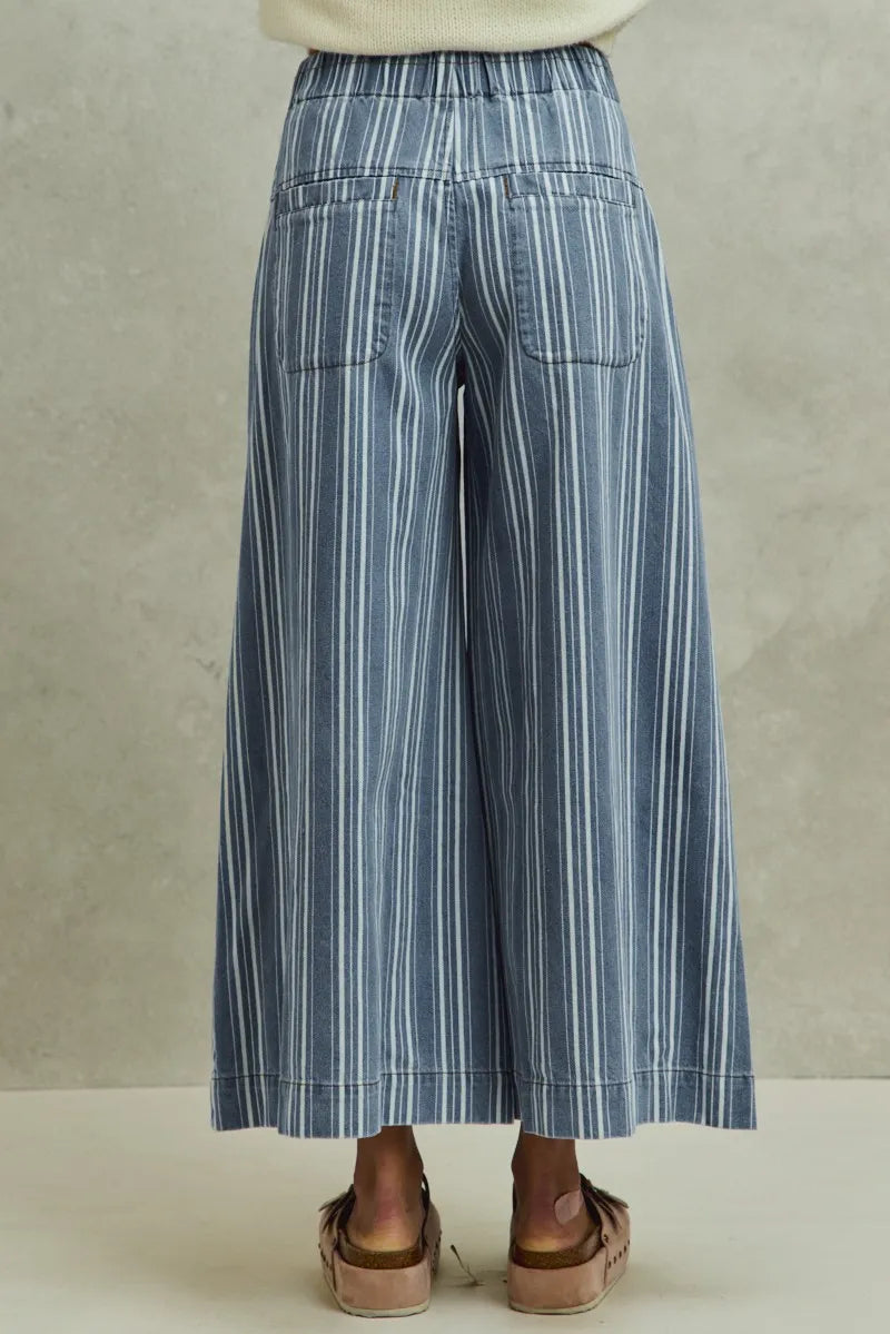SO ME Mid Rise Stripe Denim Washed Pleat Wide Leg Pants - Denim / S