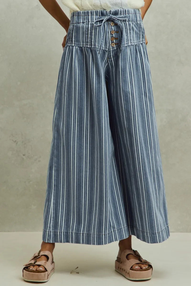 SO ME Mid Rise Stripe Denim Washed Pleat Wide Leg Pants - Denim / S