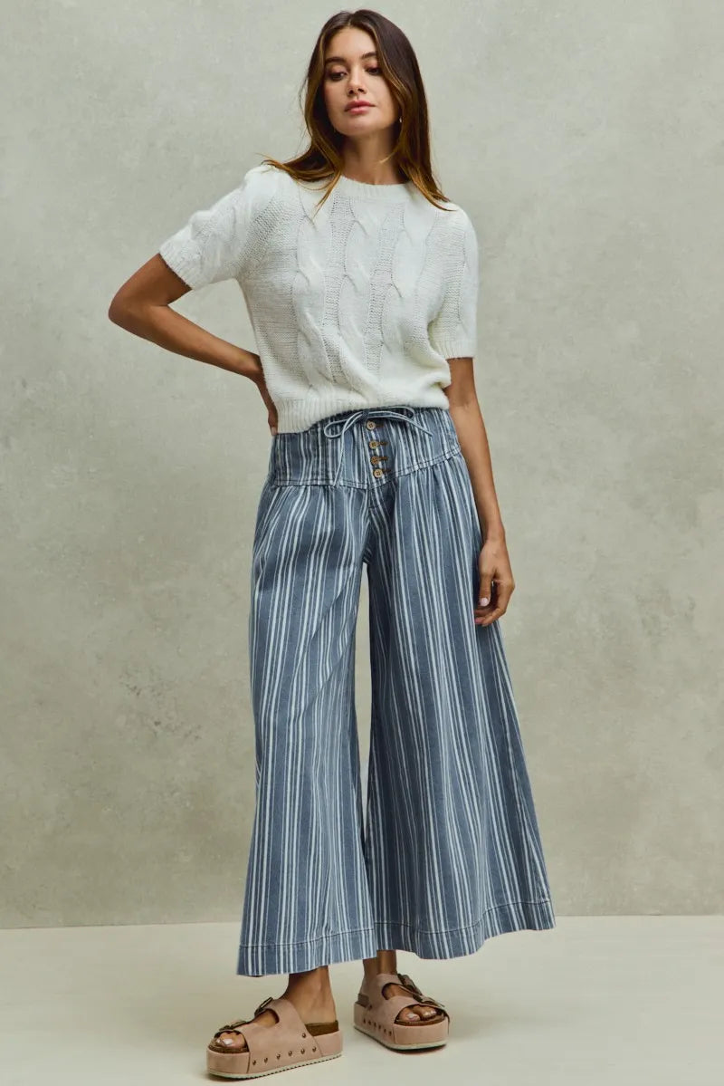 SO ME Mid Rise Stripe Denim Washed Pleat Wide Leg Pants - Denim / S