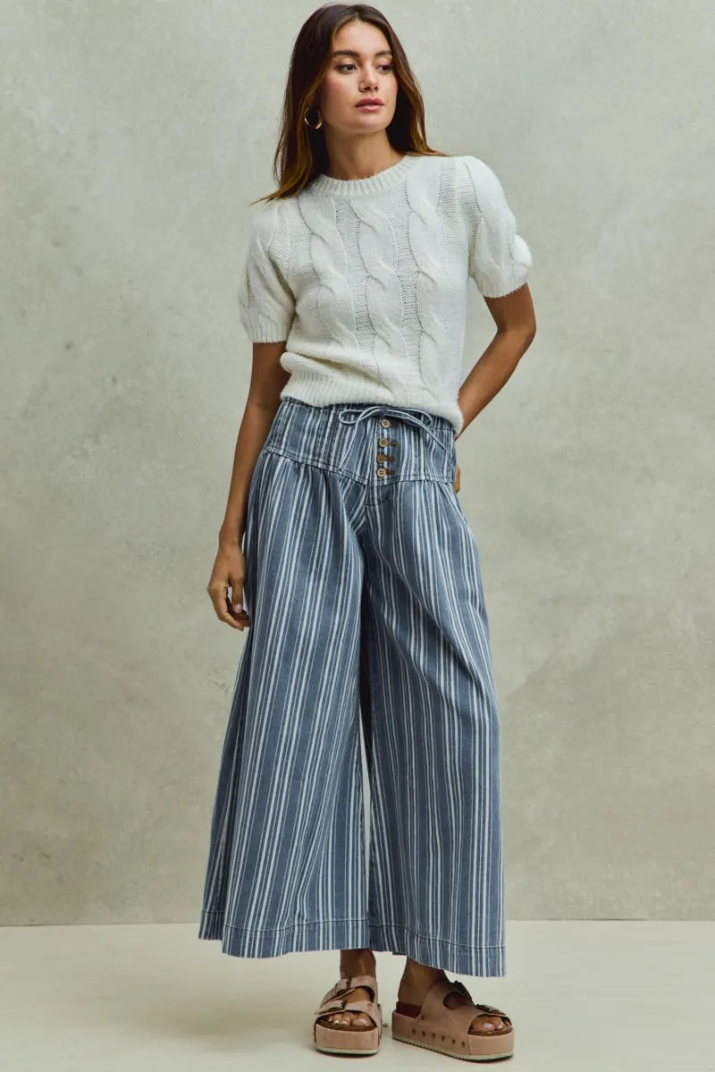 SO ME Mid Rise Stripe Denim Washed Pleat Wide Leg Pants - Denim / S