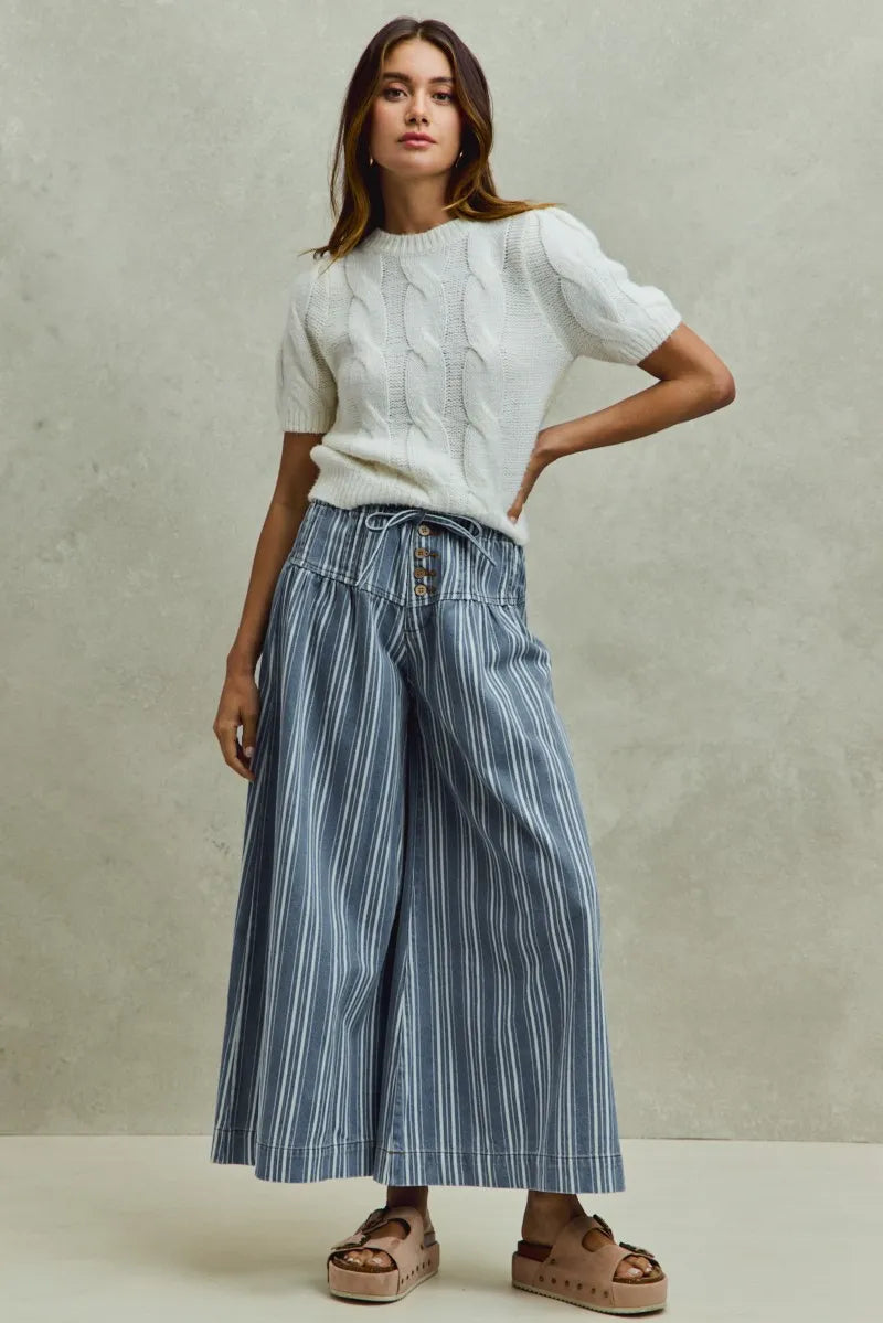 SO ME Mid Rise Stripe Denim Washed Pleat Wide Leg Pants - Denim / S