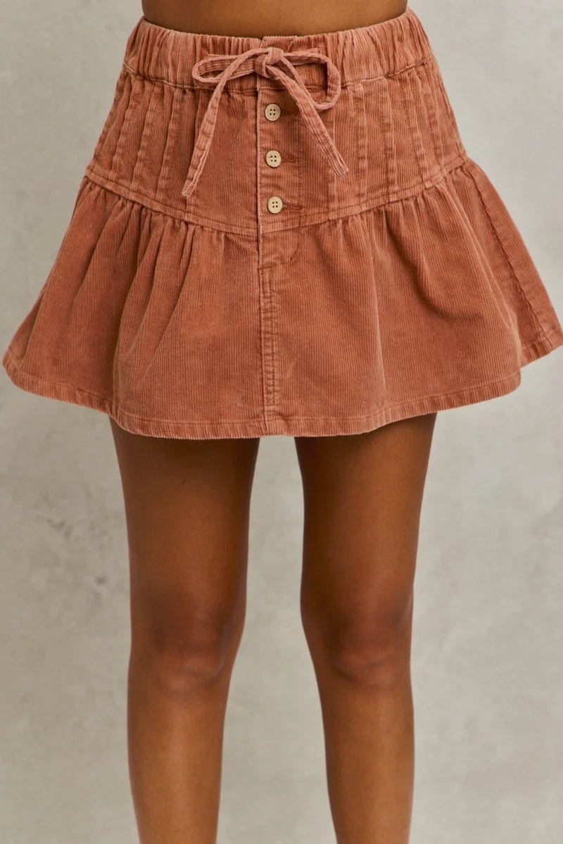 SO ME Mineral Wash Pintucked Corduroy Mini Flared Skirt - RUST / S