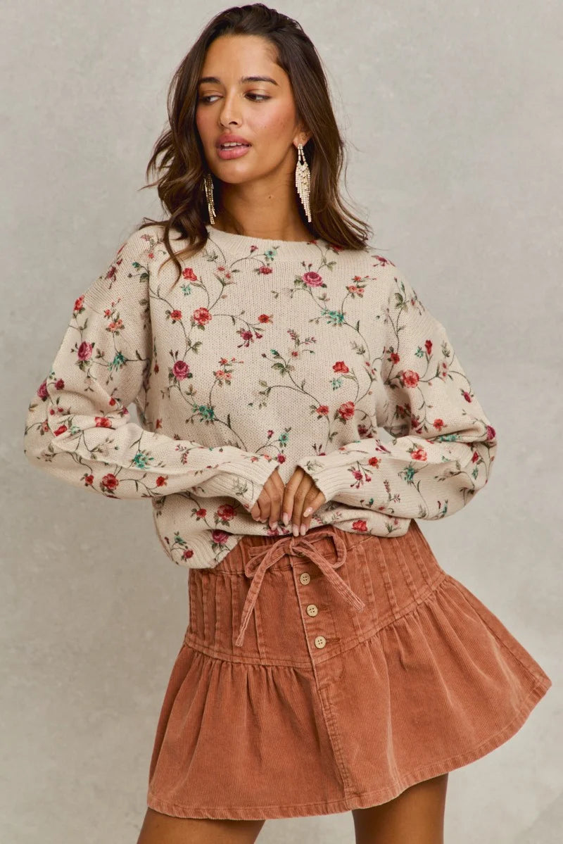 SO ME Mineral Wash Pintucked Corduroy Mini Flared Skirt - RUST / S