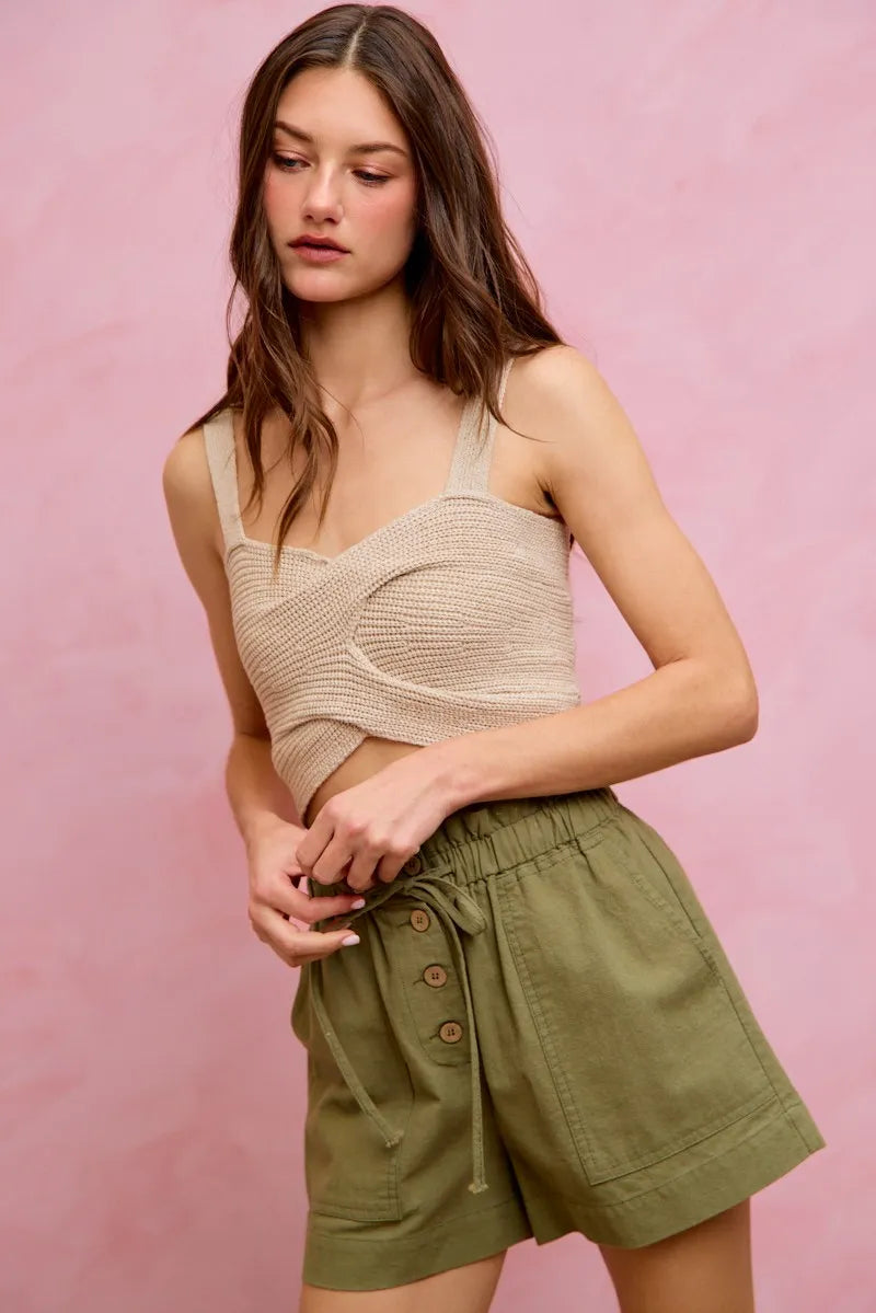 SO ME Paper Bag Patch Pocket Drawstring Twill Shorts - OLIVE / S