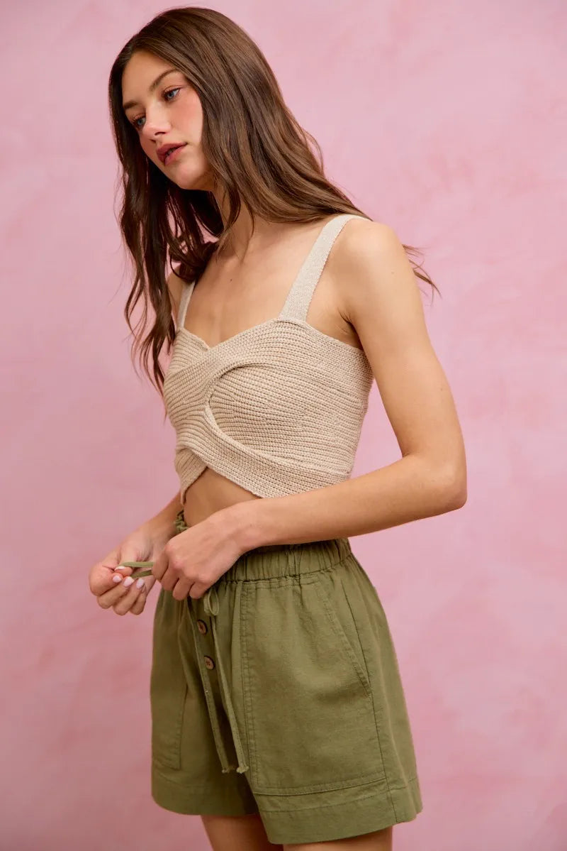 SO ME Paper Bag Patch Pocket Drawstring Twill Shorts - OLIVE / S