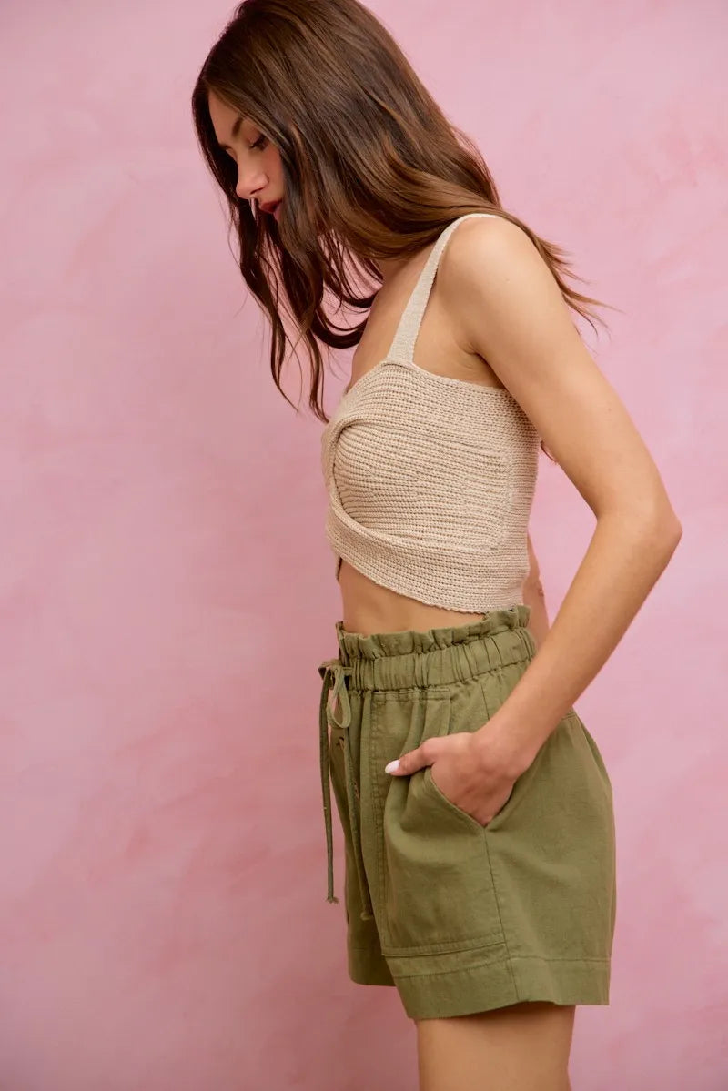 SO ME Paper Bag Patch Pocket Drawstring Twill Shorts - OLIVE / S