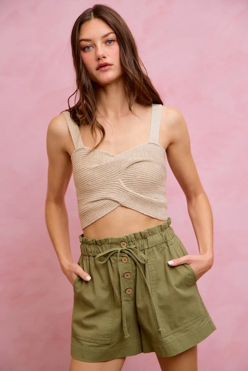 SO ME Paper Bag Patch Pocket Drawstring Twill Shorts - OLIVE / S