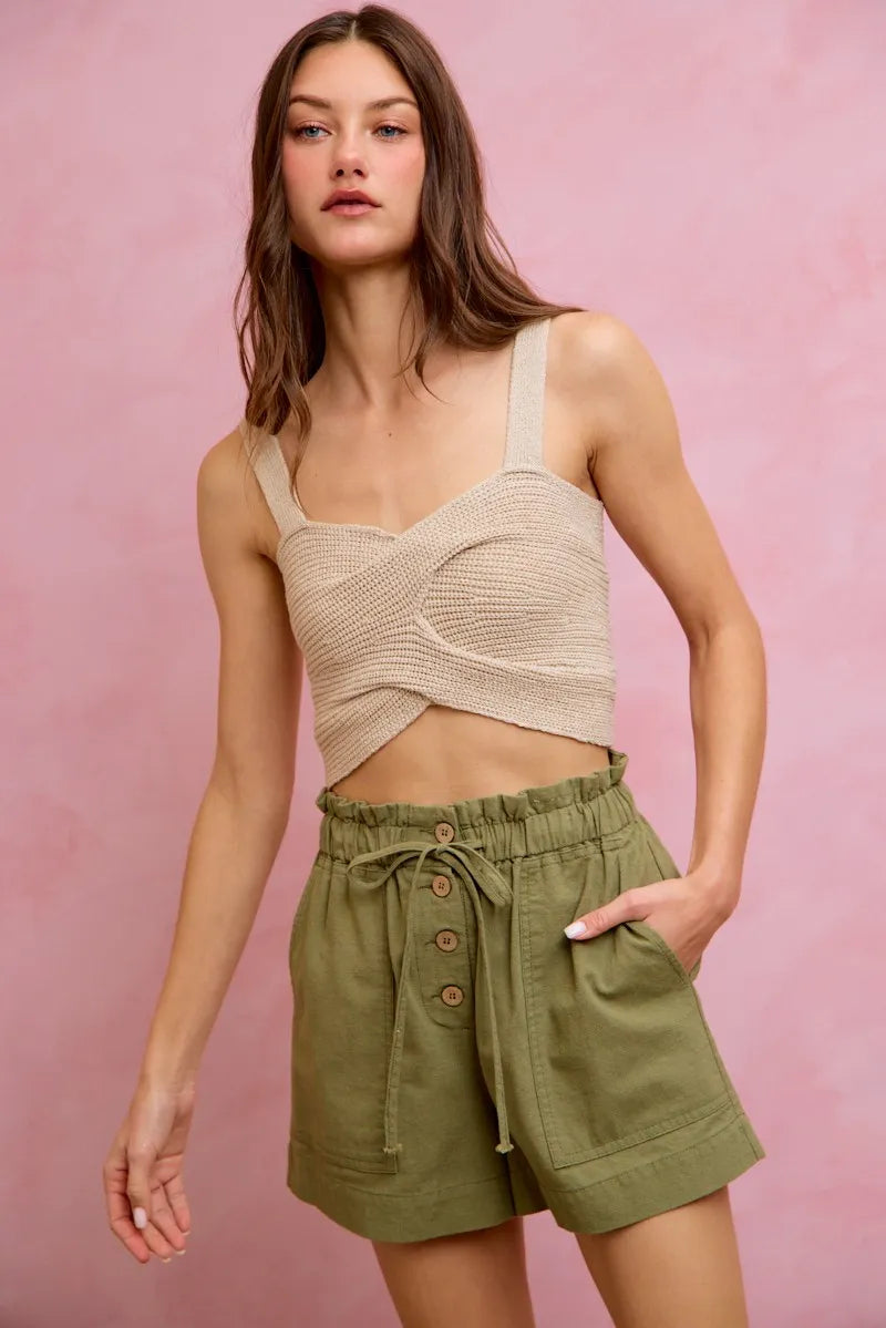 SO ME Paper Bag Patch Pocket Drawstring Twill Shorts - OLIVE / S
