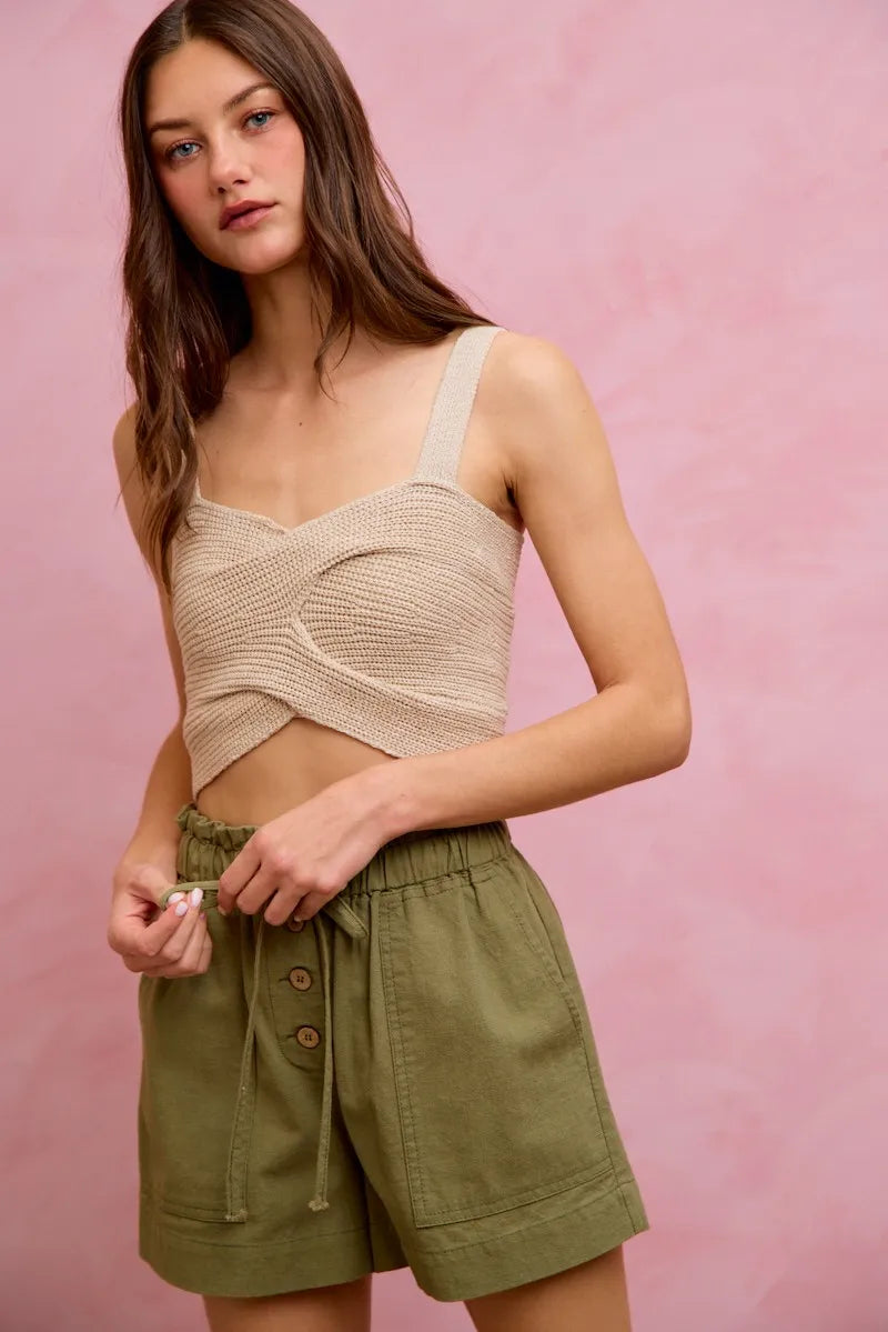 SO ME Paper Bag Patch Pocket Drawstring Twill Shorts - OLIVE / S