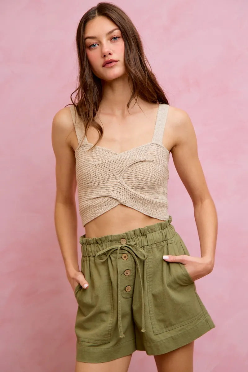 SO ME Paper Bag Patch Pocket Drawstring Twill Shorts - OLIVE / S