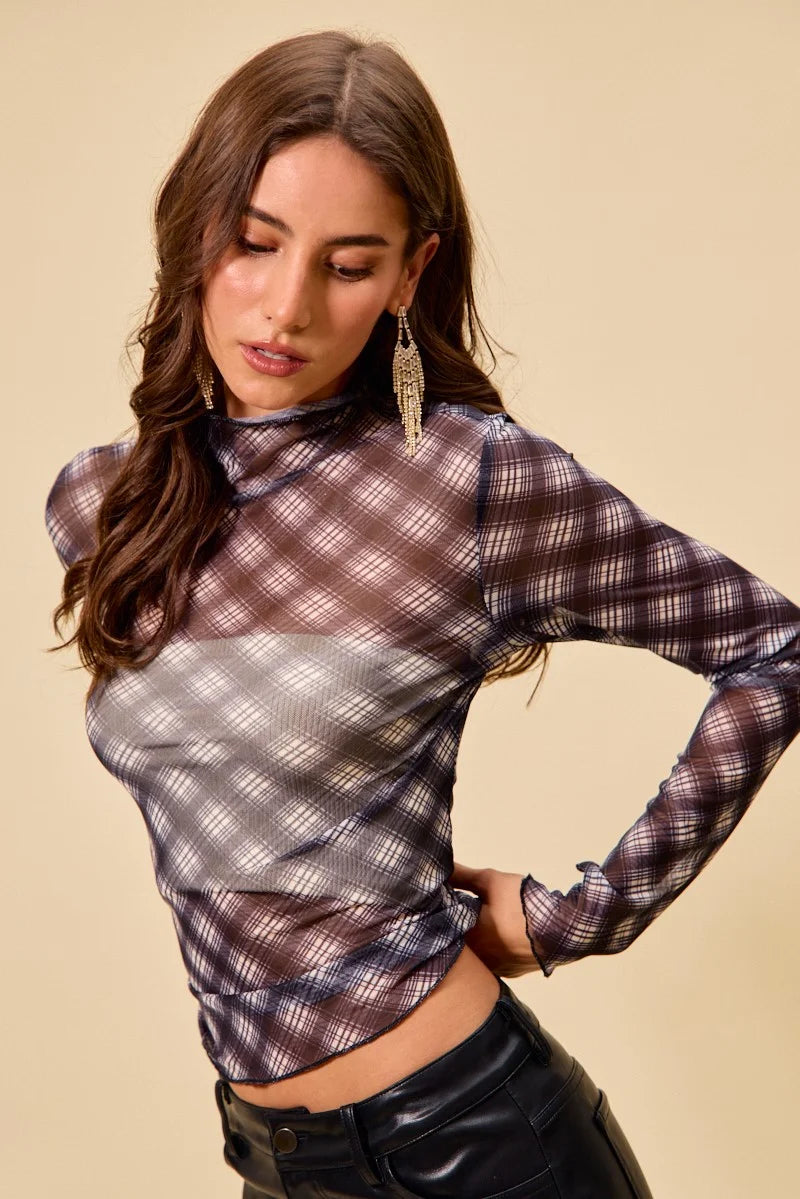 SO ME Plaid Mesh Knit Long Sleeve Top with Thumb Opening - BLACK / S