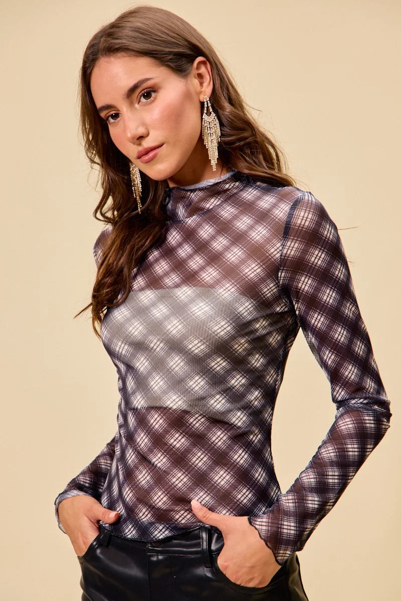 SO ME Plaid Mesh Knit Long Sleeve Top with Thumb Opening - BLACK / S