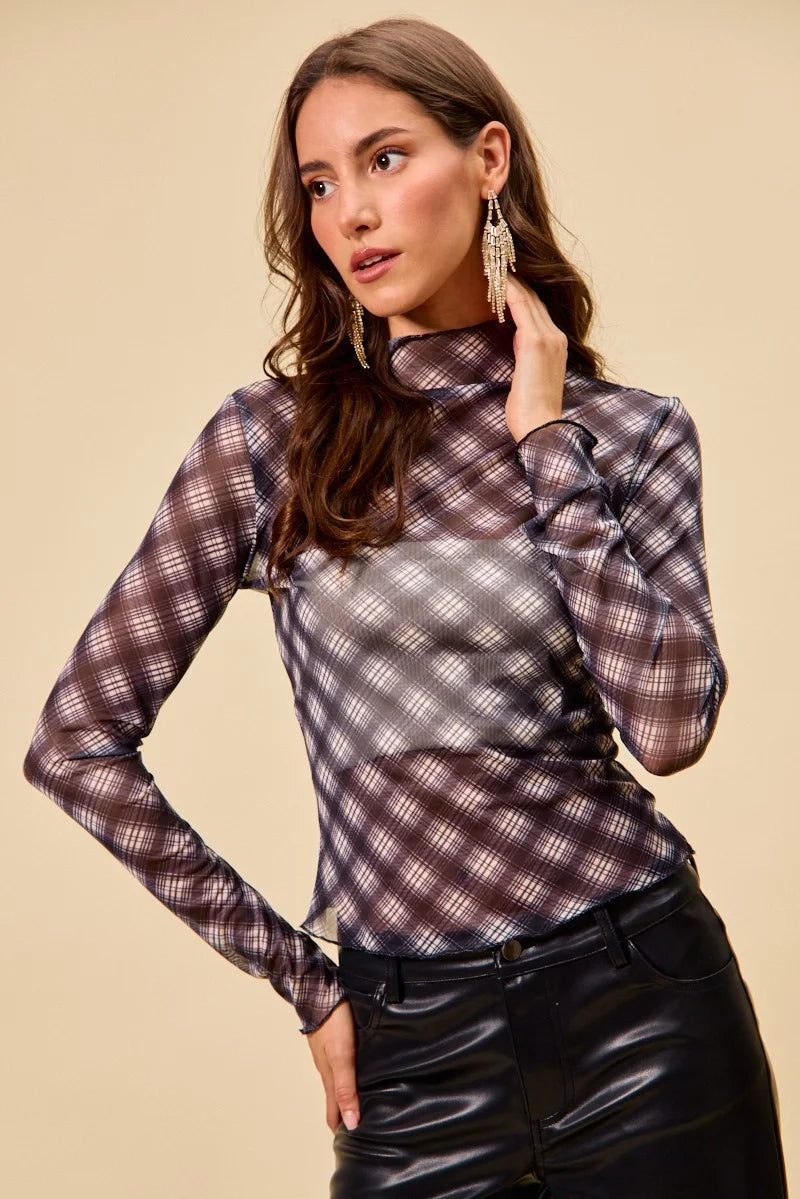 SO ME Plaid Mesh Knit Long Sleeve Top with Thumb Opening - BLACK / S