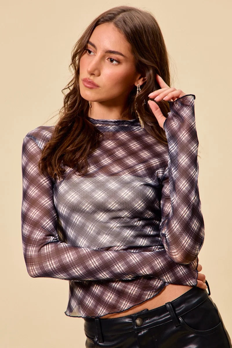 SO ME Plaid Mesh Knit Long Sleeve Top with Thumb Opening - BLACK / S