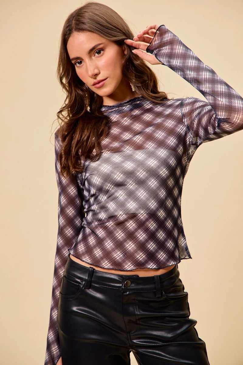 SO ME Plaid Mesh Knit Long Sleeve Top with Thumb Opening - BLACK / S