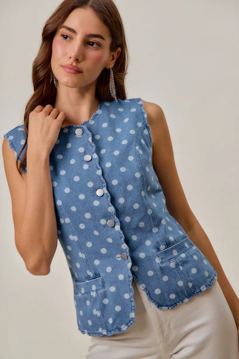 SO ME Polka Dot Denim Scallop Edge Button Down Vest Top - DENIM / S