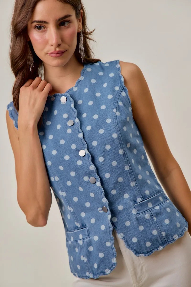 SO ME Polka Dot Denim Scallop Edge Button Down Vest Top - DENIM / S