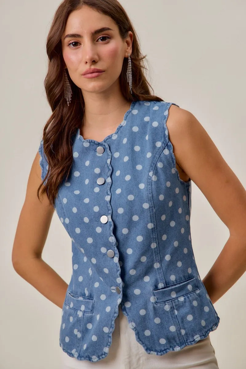 SO ME Polka Dot Denim Scallop Edge Button Down Vest Top - DENIM / S