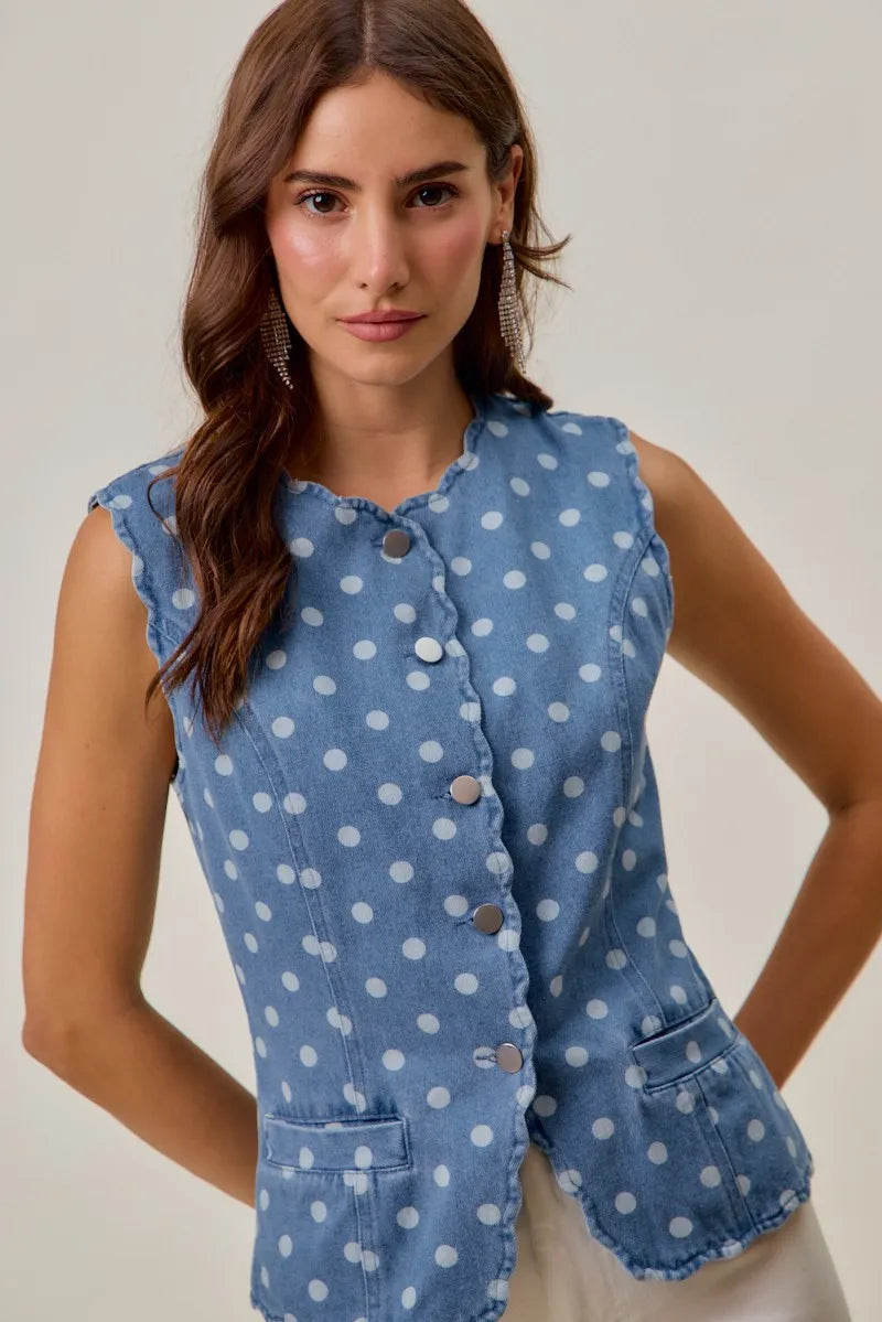 SO ME Polka Dot Denim Scallop Edge Button Down Vest Top - DENIM / S