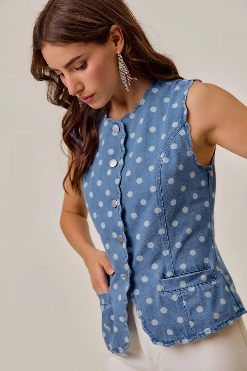 SO ME Polka Dot Denim Scallop Edge Button Down Vest Top - DENIM / S