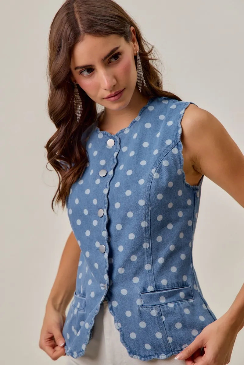 SO ME Polka Dot Denim Scallop Edge Button Down Vest Top - DENIM / S