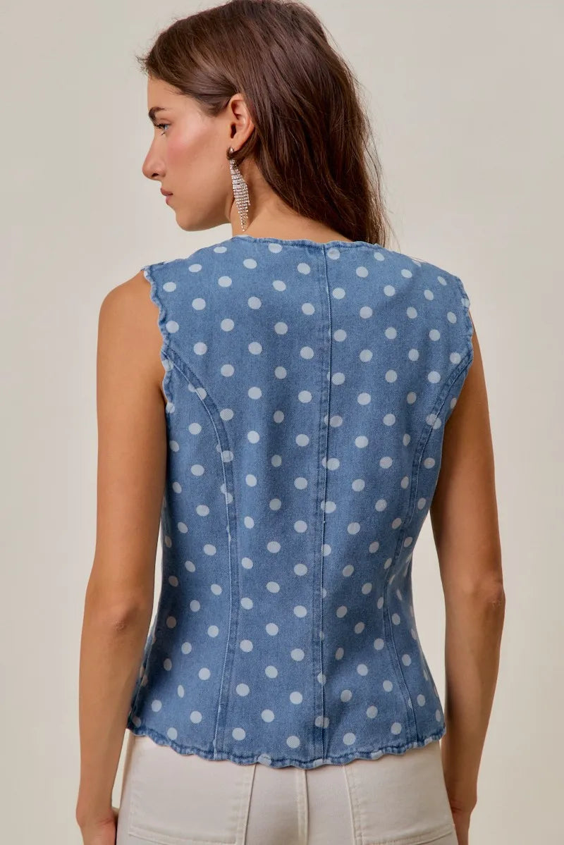 SO ME Polka Dot Denim Scallop Edge Button Down Vest Top - DENIM / S