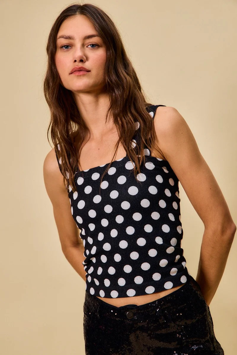 SO ME Polka Dot Knit Crop Seamless Casual Tank - BLACK / SM