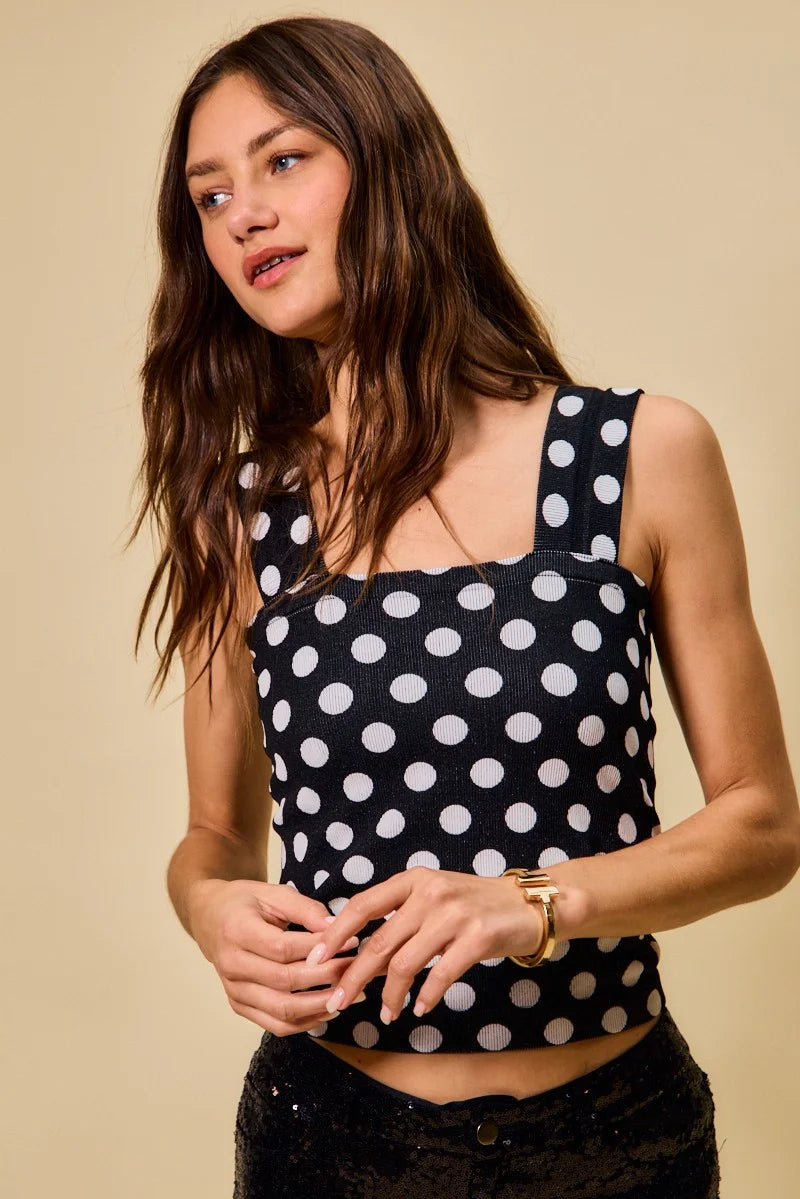 SO ME Polka Dot Knit Crop Seamless Casual Tank - BLACK / SM