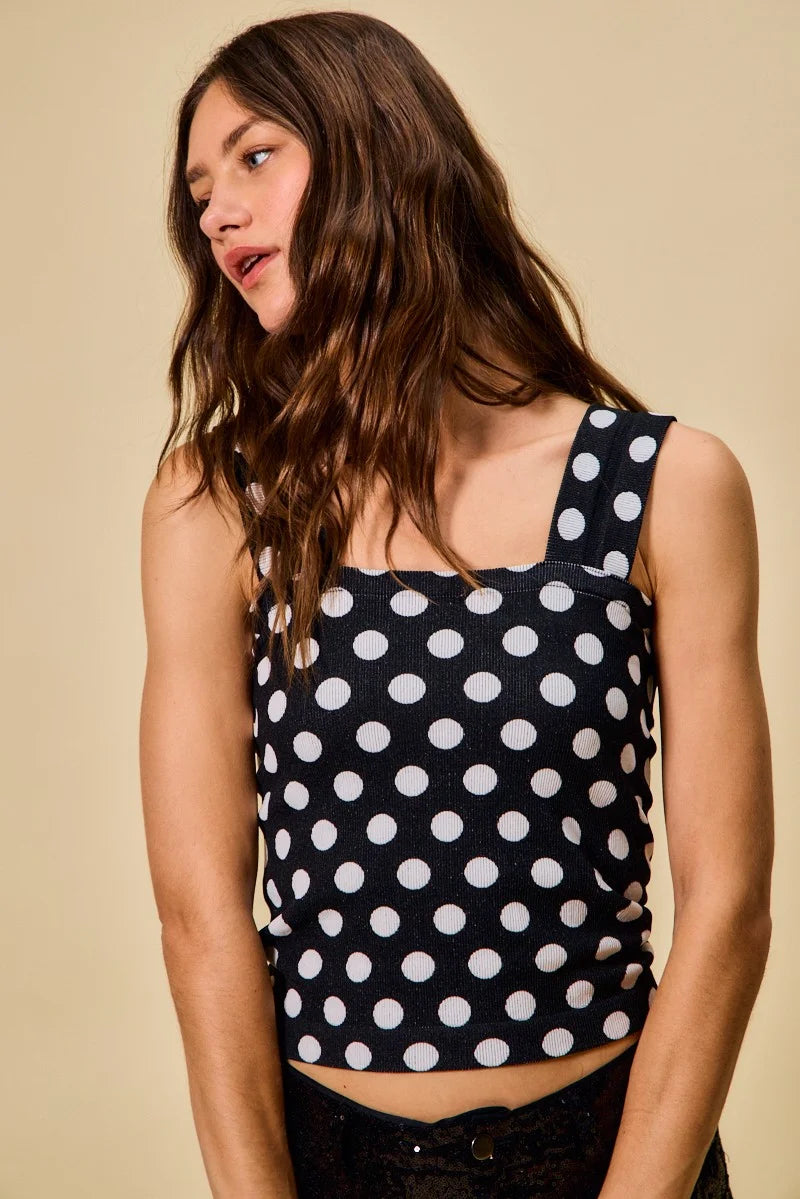 SO ME Polka Dot Knit Crop Seamless Casual Tank - BLACK / SM