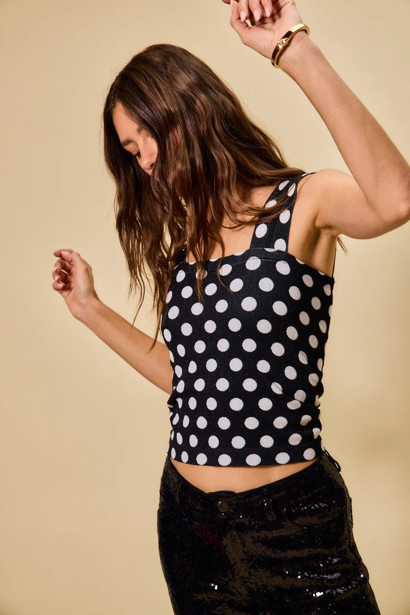 SO ME Polka Dot Knit Crop Seamless Casual Tank - BLACK / SM