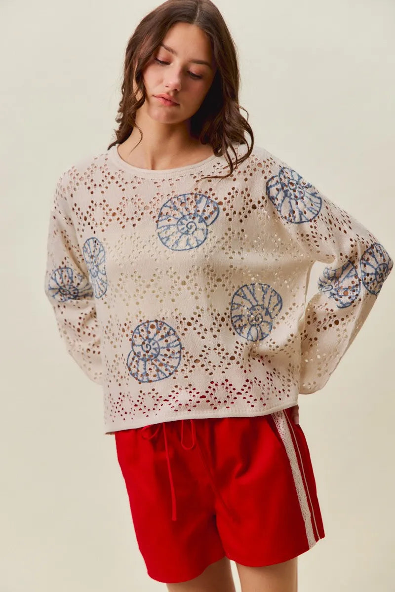 SO ME Seashell Lightweight Sweater Top - Cream/Blue / S
