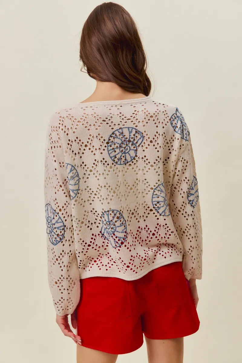 SO ME Seashell Lightweight Sweater Top - Cream/Blue / S