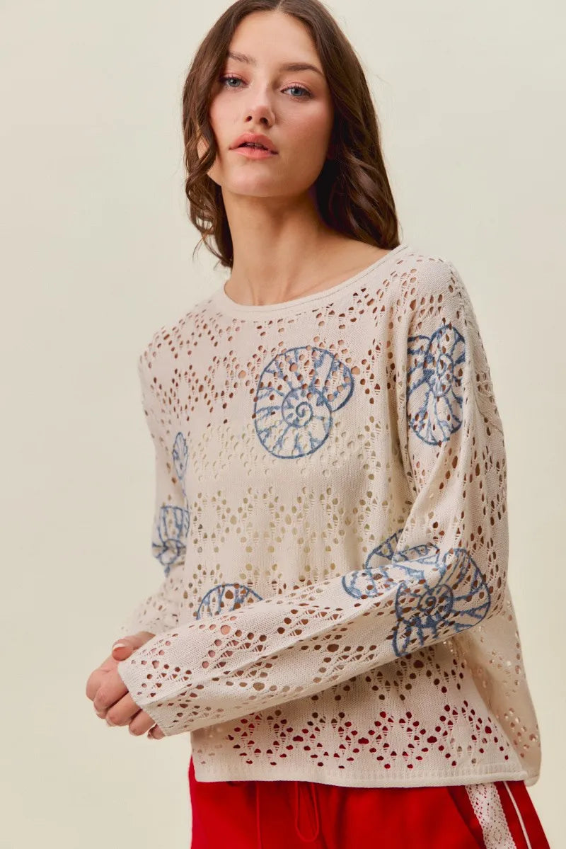 SO ME Seashell Lightweight Sweater Top - Cream/Blue / S