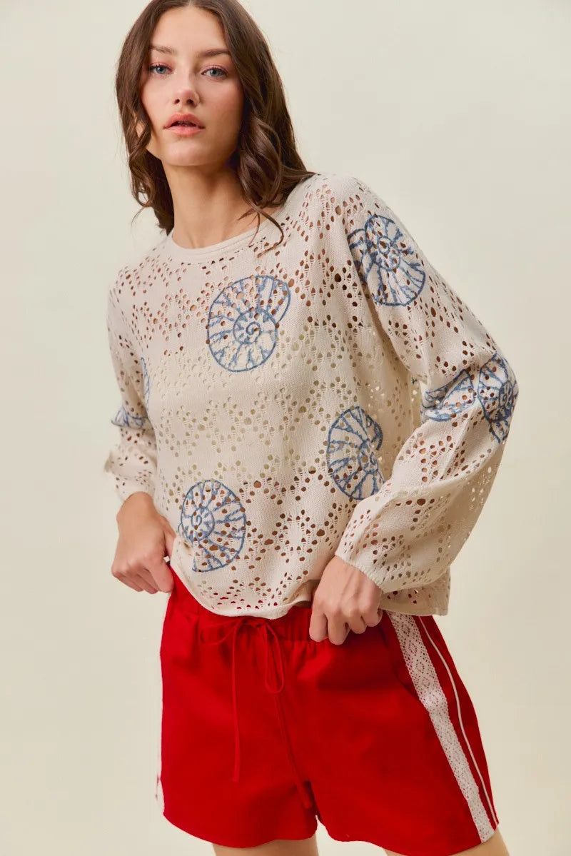 SO ME Seashell Lightweight Sweater Top - Cream/Blue / S