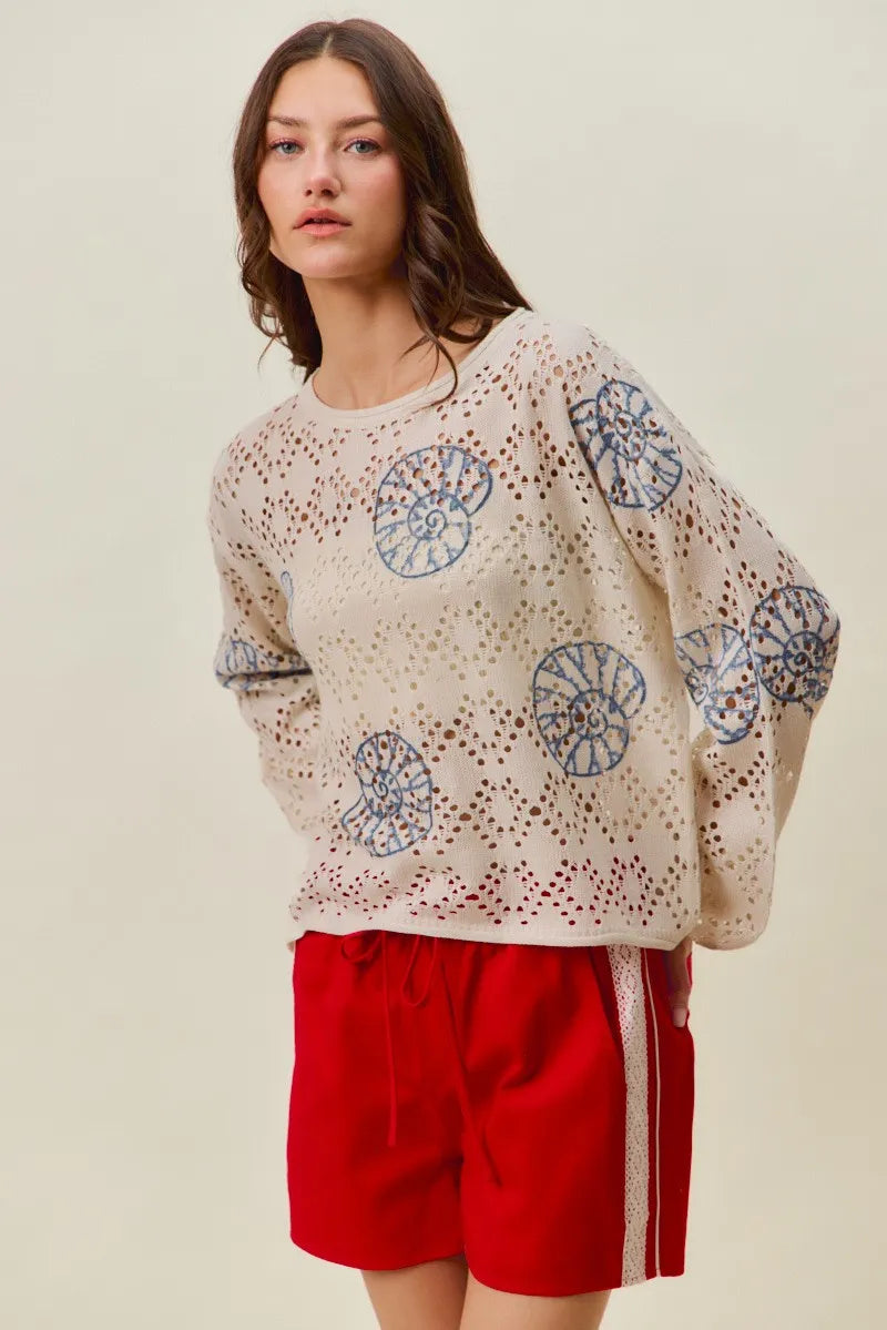 SO ME Seashell Lightweight Sweater Top - Cream/Blue / S