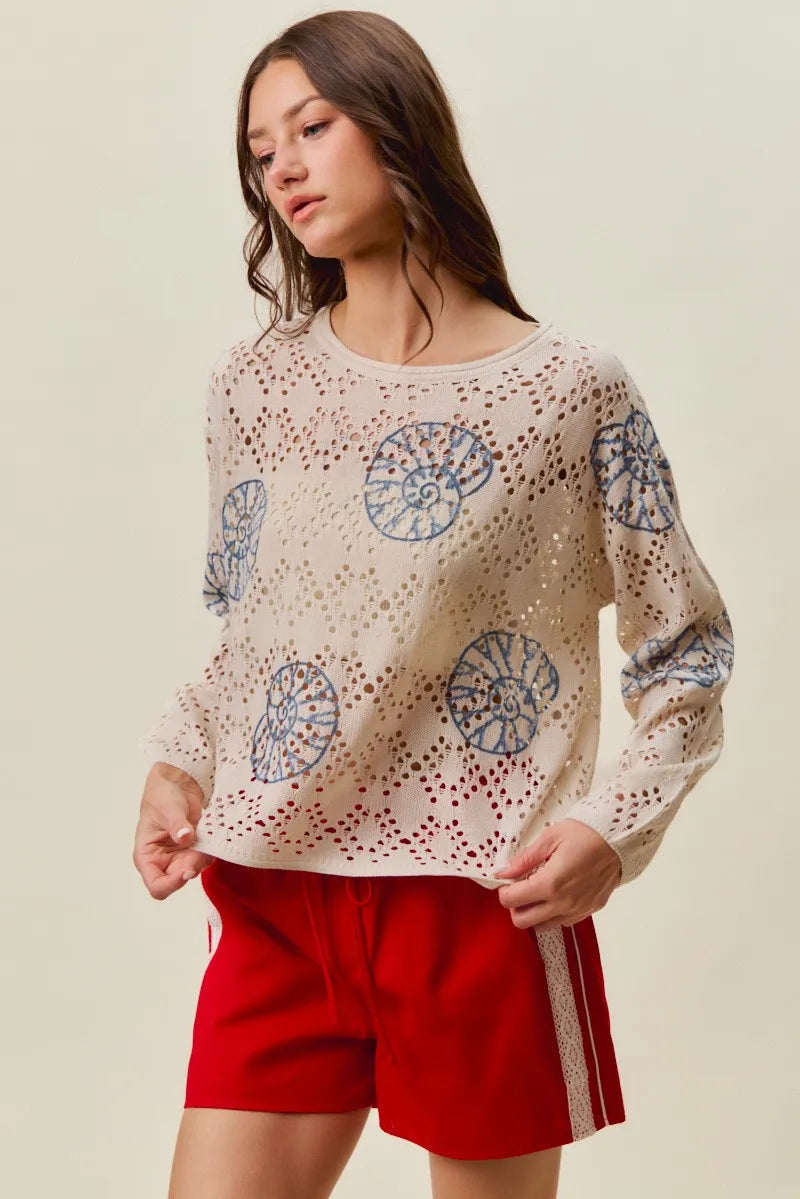 SO ME Seashell Lightweight Sweater Top - Cream/Blue / S