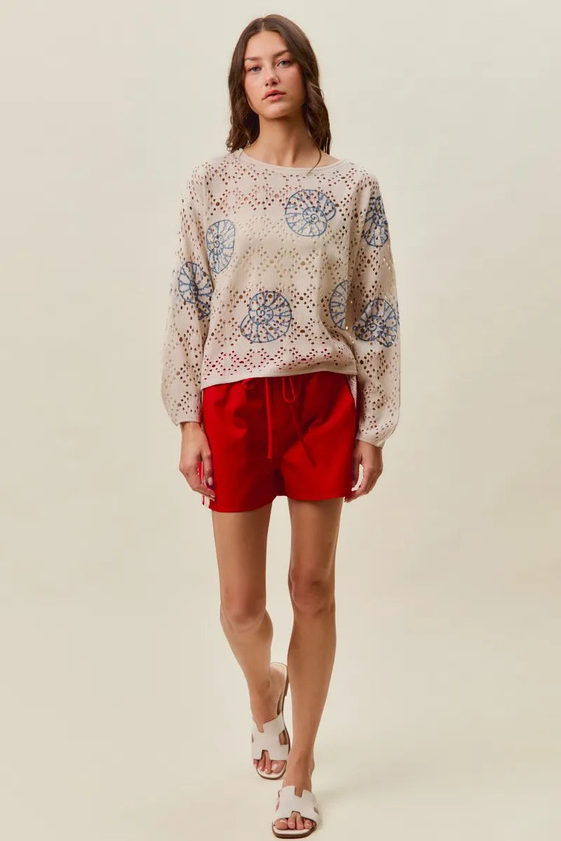 SO ME Seashell Lightweight Sweater Top - Cream/Blue / S