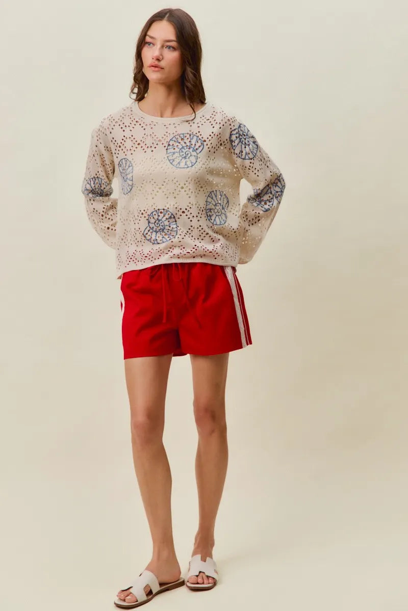 SO ME Seashell Lightweight Sweater Top - Cream/Blue / S