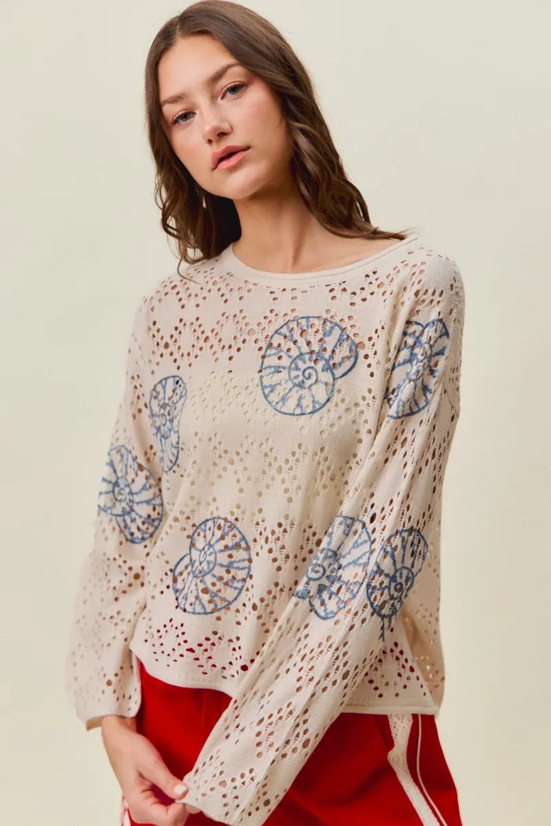 SO ME Seashell Lightweight Sweater Top - Cream/Blue / S