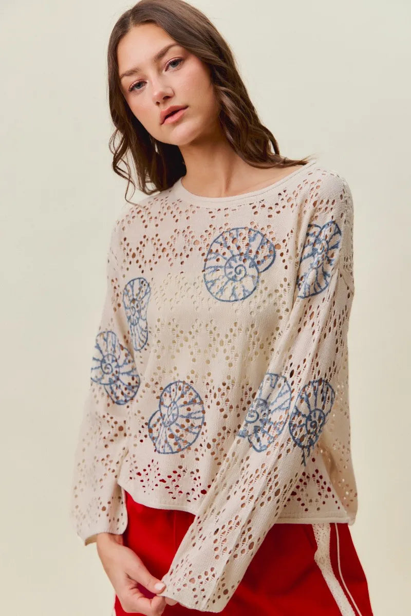 SO ME Seashell Lightweight Sweater Top - Cream/Blue / S