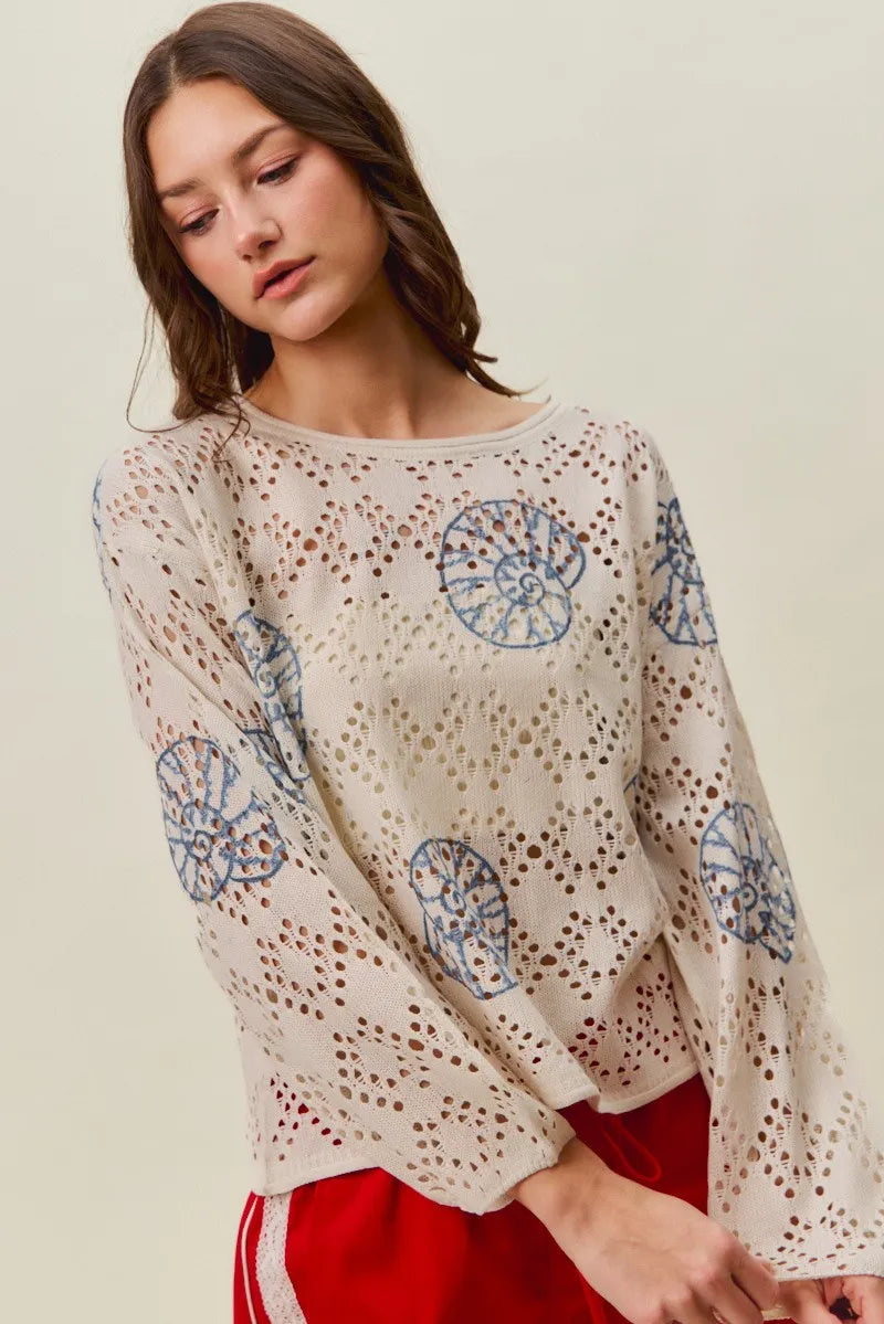 SO ME Seashell Lightweight Sweater Top - Cream/Blue / S