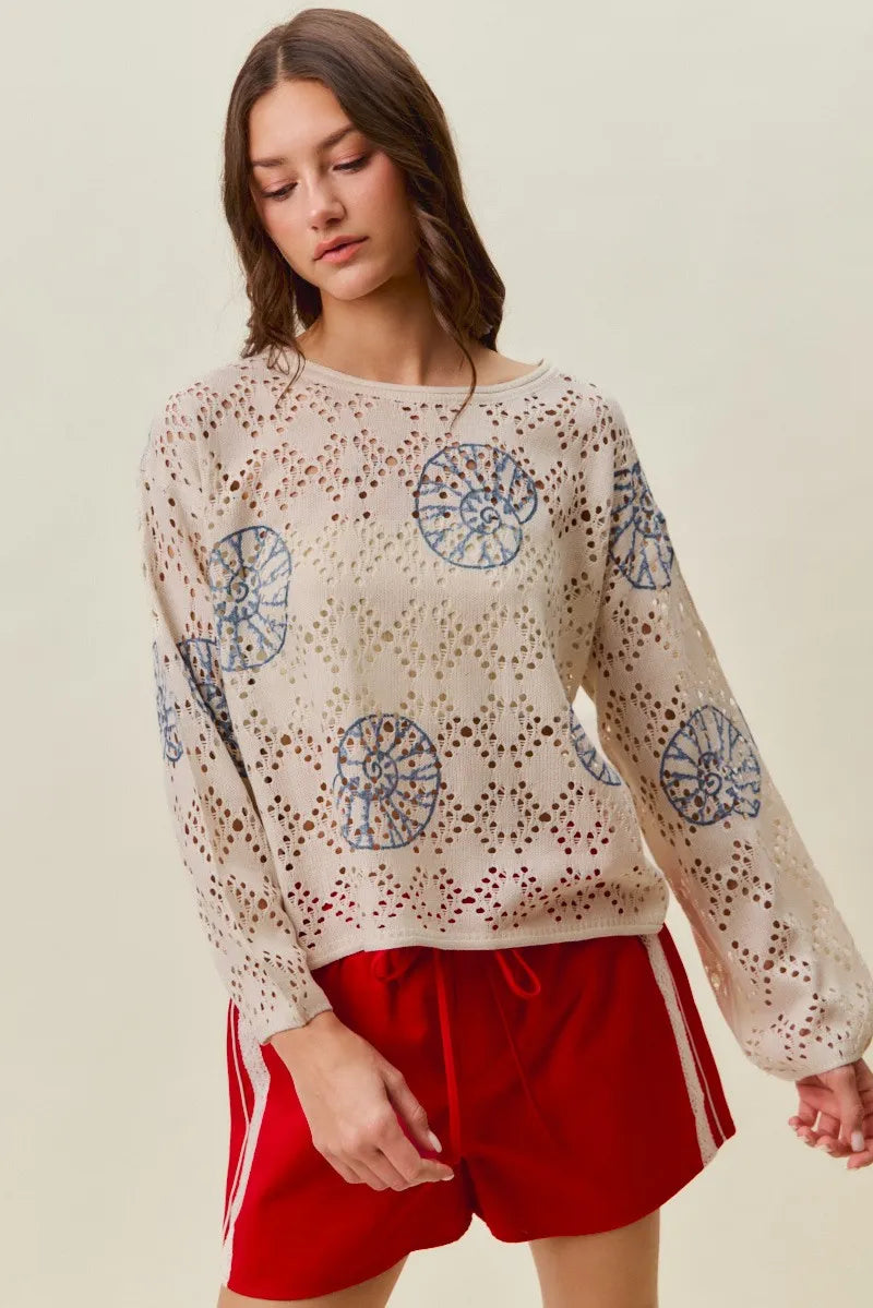 SO ME Seashell Lightweight Sweater Top - Cream/Blue / S