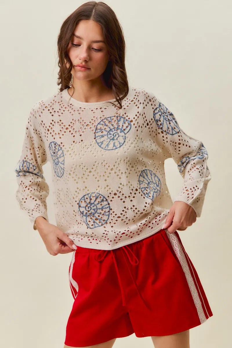 SO ME Seashell Lightweight Sweater Top - Cream/Blue / S