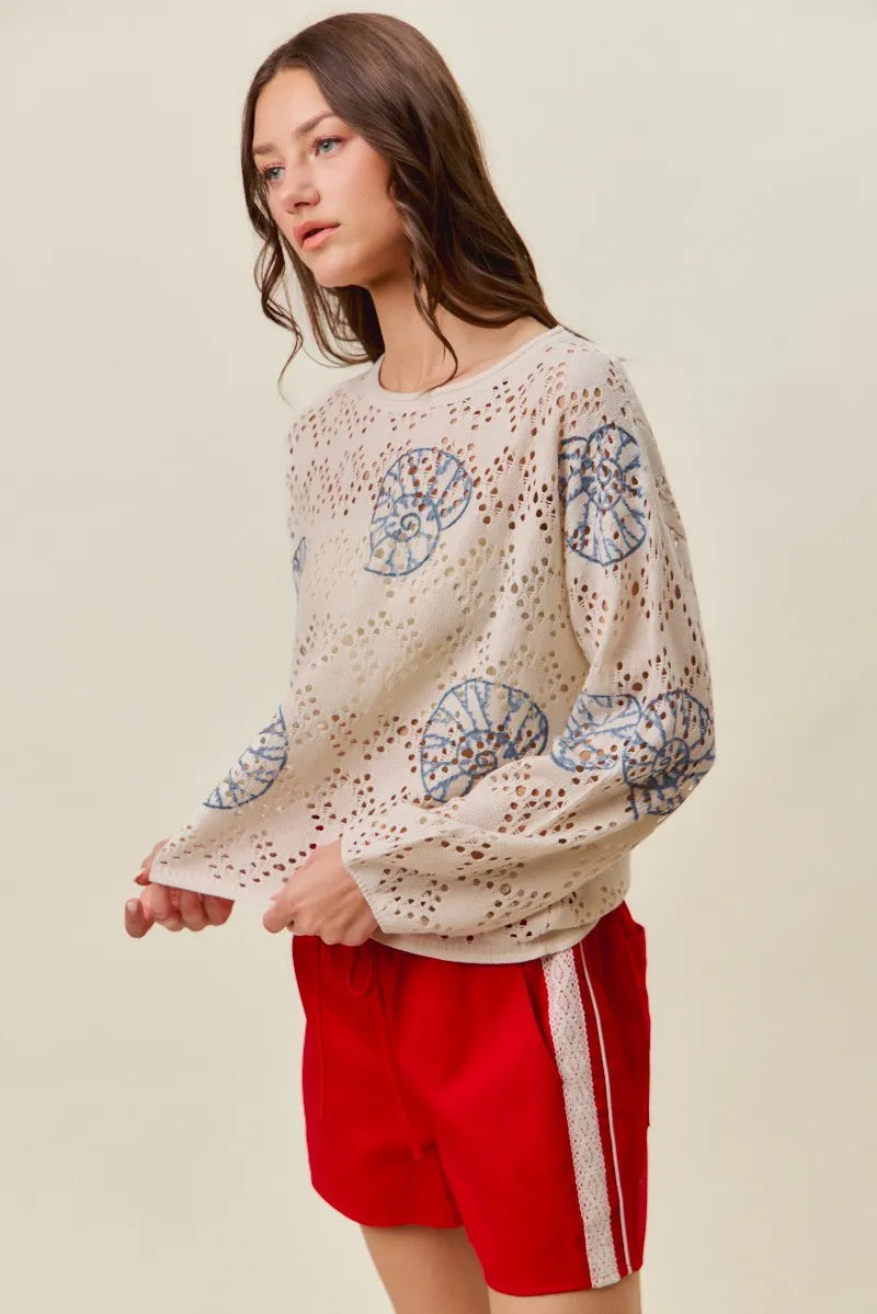 SO ME Seashell Lightweight Sweater Top - Cream/Blue / S