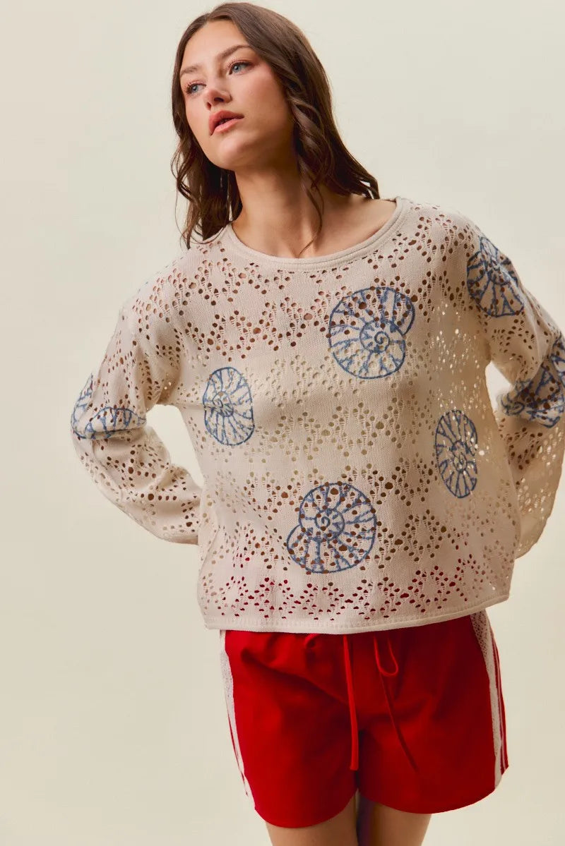 SO ME Seashell Lightweight Sweater Top - Cream/Blue / S
